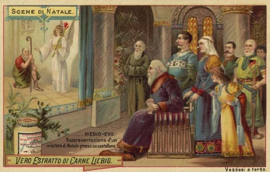 Performance of a Nativity play in a castle in the Middle Ages